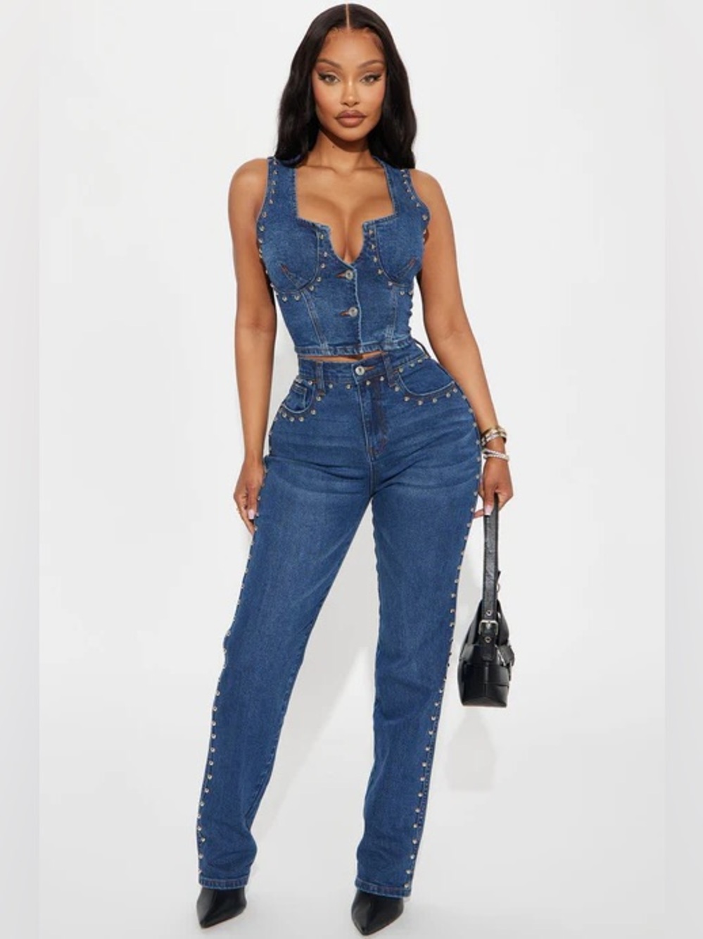 Fashion Nova Studded Denim Corset Crop Top Y2K Western Cowgirl Moto Jean Bustier - Picture 3 of 5